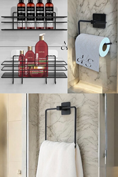 Ahlat Store Black 4-Piece Bathroom Set with 2 Shower Racks, Square Towel Hold...
