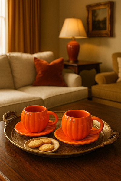 PEKPLUS 2 Pieces Handmade Pumpkin Shaped Ceramic Turkish Coffee Cup Set