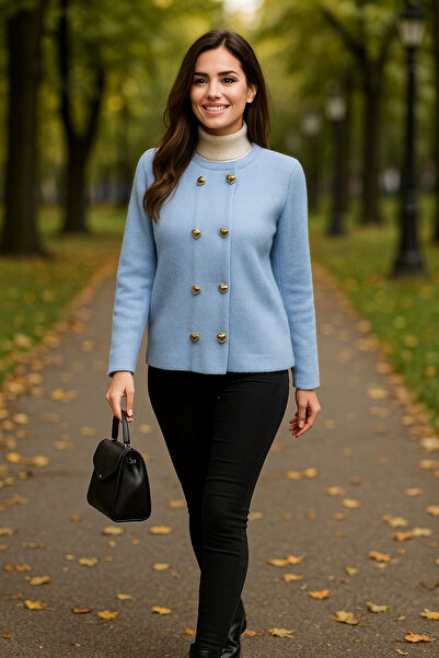 Miss Kadın Kalp Düğmeli Mavi Hırka – Yumuşacık Kumaş, Şık Günlük Ceket