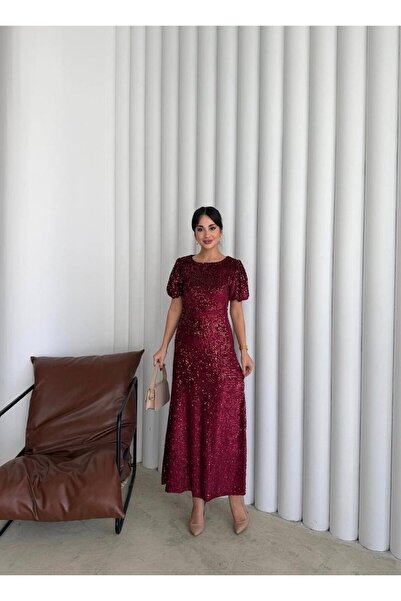 maf collection Women's Burgundy Balloon Sleeve Sequin Evening Dress Graduation Dress