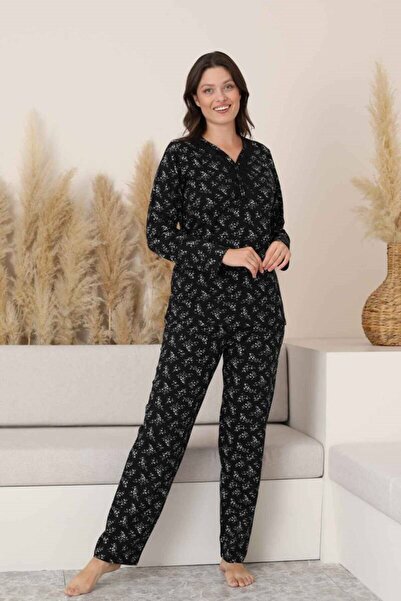 bie's Black Floral Lace Detailed V-Neck Buttoned Transitional Cotton Lycra Long Sleeve Pajama Set-Wide Fit