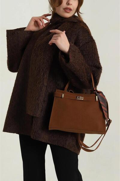 cosybag. Kadın Kilit Kemer Detaylı Süet Çapraz Askılı EL Kol Omuz Çantası Taba