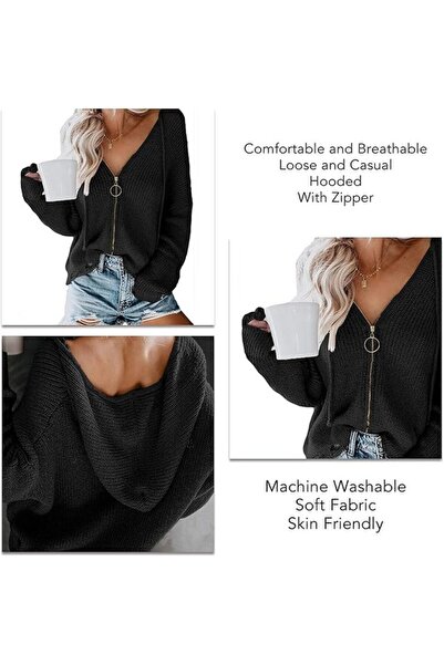 Dokotoo Women's black knitted zipper sweater, black, size M,