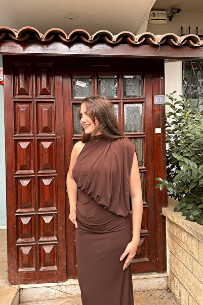 Sorridi Drapeli Tek Omuz Uzun Şık Elbise