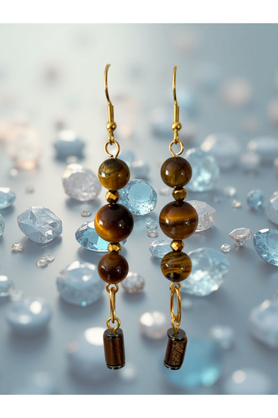 ayrestyle Gold Color Women's Earrings with Tiger's Eye and Hematite Natural Stones (Handmade, 8 cm)