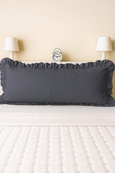 Pratic Home 1 Adet %100 Pamuklu Gri Renk Fermuarlı Fırfırlı Uzun Yastık Kılıf...