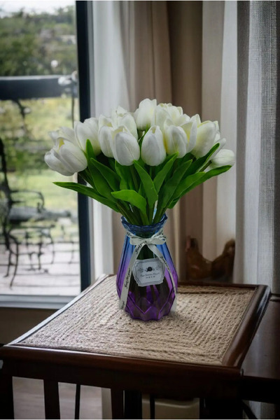 OznCicekTasarim Artificial Wet Tulip White 10 Pcs