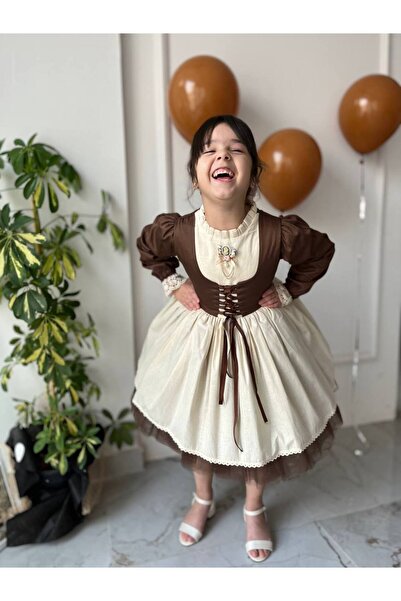 Sare Çocuk Giyim Premium Brown Lace-Up Vest Detailed Special Day Cosplay Dress + Buckle
