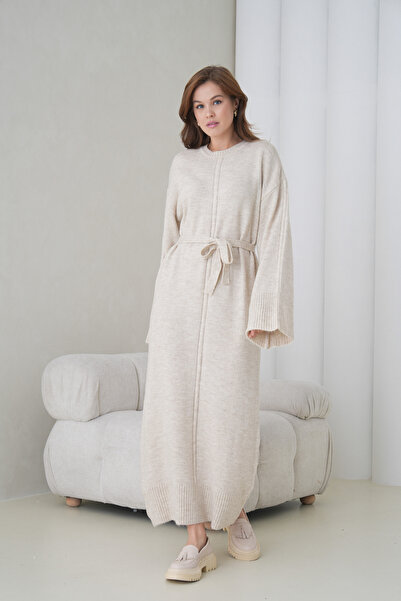 MAMAYAGA Women's Long Sleeve Crew Neck Textured Belted Knitwear Suitable for Hijab Sporty Stylish Maxi Length Long Dress