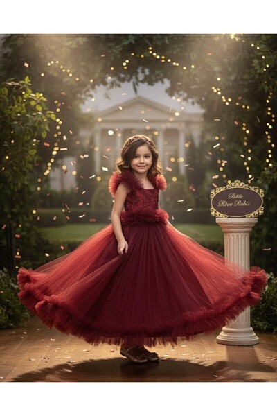 Asyagiyimavm Lüks Tül ve Fırfırlı Kız Çocuk Abiye Elbise - Bordo Kırmızı / Doğum Günü Mezuniyet Özel Gün Elbisesi