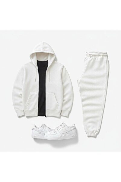 FS CABİN Unisex Oversized Tracksuit Set White – Zippered, Hooded , Narrow Leg...