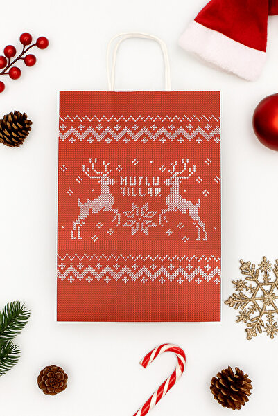 Palifix Orta Boy Kırmızı Kraft Geyik Desenli Burgu Saplı Hediye Poşeti