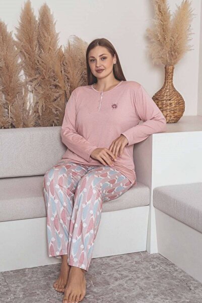 bie's Women's Floral Pattern 3 Button Stretch Fabric Viscose Transitional Plus Size Long Sleeve Pajamas Set