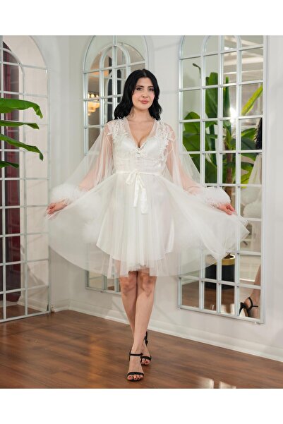 Limas lingerie روب صباحي قصير من قطعتين مصنوع من التول مع تفاصيل ماسية بتصميم...