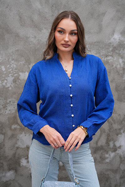 FancyWorld Floral Pattern Embroidered Buttoned High Neck 80% Cotton Blouse