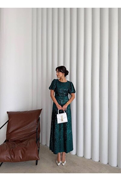 maf collection Women's Emerald Green Balloon Sleeve Sequin Evening Dress Graduation Dress