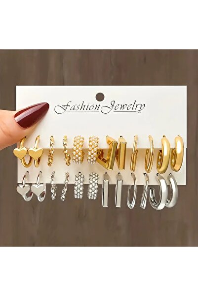 sssse 12 Çift Küçük Zarif Halka Küpe Seti Yaratıcı Kalp İmitasyon İnci Tasarımı Çinko Alaşımlı Takı Kadın