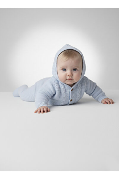 Çocuksan Baby&Kids Wear Blue 3-Piece Baby Boy Set Geometric Patterned Hooded Daily Knitwear Baby Set