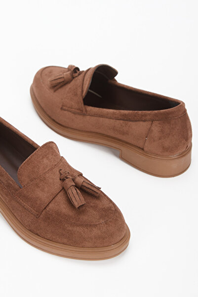 Miss Mitto Women's Brown Suede Stylish Tassel Detailed Thick Soled Comfortable Loafer Shoes