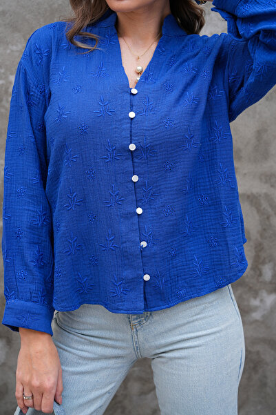 FancyWorld Floral Pattern Embroidered Buttoned High Neck 80% Cotton Blouse