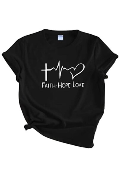 OEM Γυναικείο T-shirt, εξατομικευμένο FAITH HOPE LOVE, 100% βαμβάκι, μαύρο