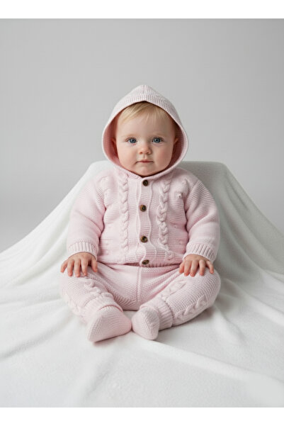 Çocuksan Baby&Kids Wear Pink 3-Piece Baby Girl Set Geometric Patterned Hooded...