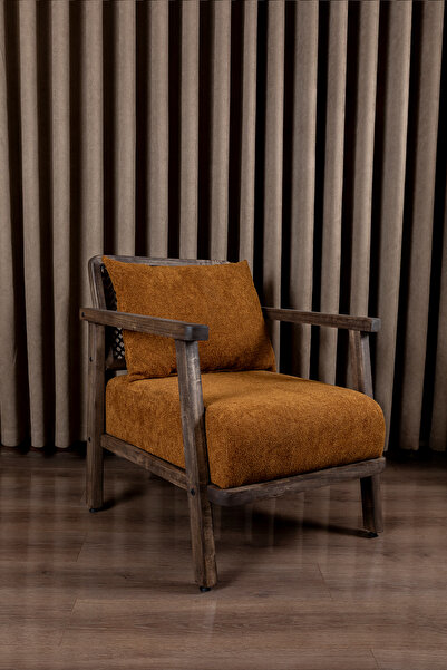 Aberteka Merlin Hazeranlı Doğal Ahşap Koyu Ceviz Renk, Hardal Teddy Kumaş Berjer