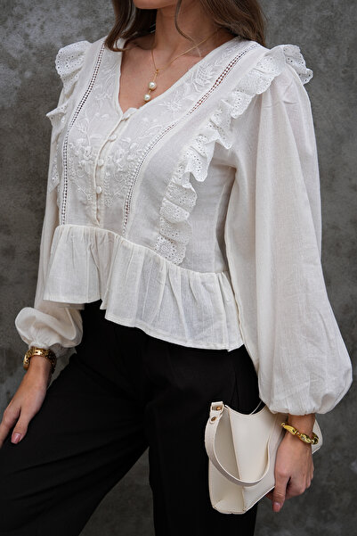 FancyWorld Ruffled Button Detailed Fisto Brode Pattern Embroidered Blouse