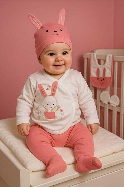 MİLAYS LİFE HOME COLLECTİON Newborn Baby Girl Rabbit Embroidered 5-Pack Hospital Release Smocked Bodysuit Set 100% Cotton