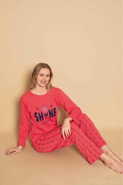 TOSKI Women's pajamas Cotton long sleeves and long pants red, Shine