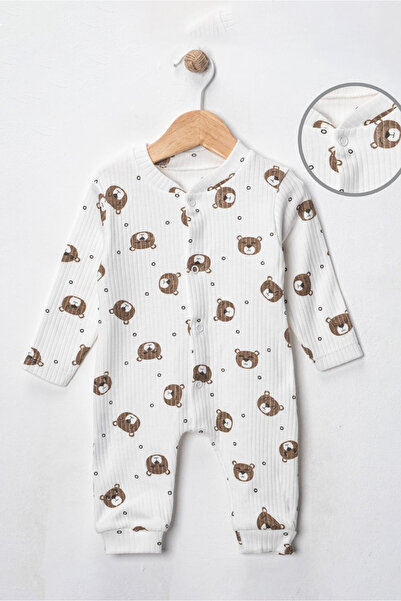 Noone Ribbed Cotton White Teddy Bear Pattern Baby Romper – 3 Months