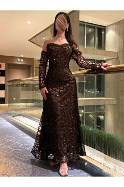 TREN فستان سهرة أسود طويل بأكمام دانتيل شفافة ترتر لامع مبطن قصة ملكية فخمة للحفلات والمناسبات