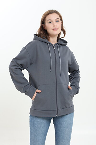 Tight Lady 100% Cotton, No Shearling, 3 Threads, Oversized Wide Fit, Zippered, Hooded Kangru Pockets, Sweatshirt Cardigan