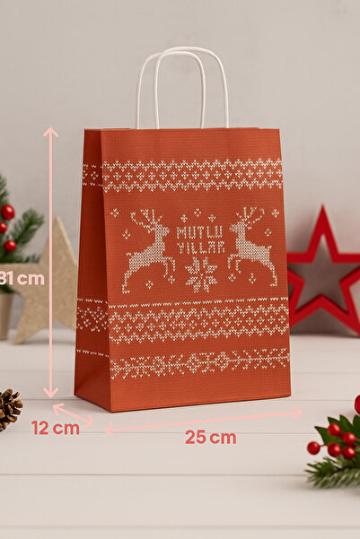 Dekals Ara Boy Burgu Saplı Geyikli Kırmızı Kraft Hediye Çantası 25X12X31