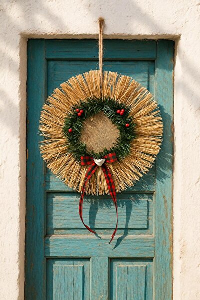 Home Bohem Handmade Noel Yılbaşı Temalı Melek Figürlü Doğal Rafya Kapı ve Duv...