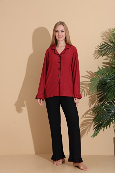 SEBOTEKS Bürümcük Fabric Front Buttoned Long Sleeve Women's Pajama Set 6004