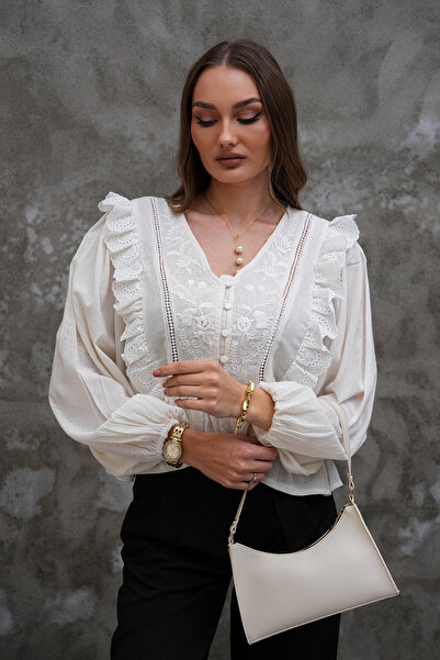 FancyWorld Ruffled Button Detailed Fisto Brode Pattern Embroidered Blouse