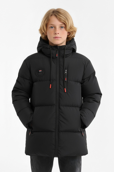 RİVERCLUP Erkek Çocuk Siyah Kapüşonlu İçi Siyah Kuş Elyaflı Hafif Rüzgar Geçirmez Kışlık Mont