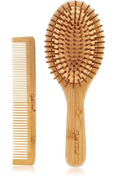 lele Natural Bamboo Comb Set - Wooden Massage Hair Brush & Wide Tooth Grooming Comb (2 PCS)