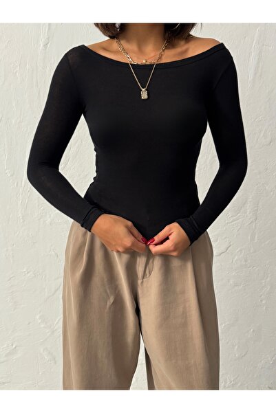 peralist Γυναικεία μπλούζα από μαύρη βισκόζη THIN Single Jersey Boat Neck Basic