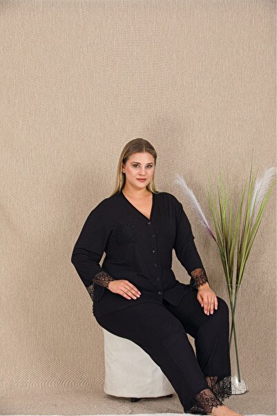 Temporium Women's Black Plus Size Lace Detailed Buttoned Long Sleeve Pajama Set
