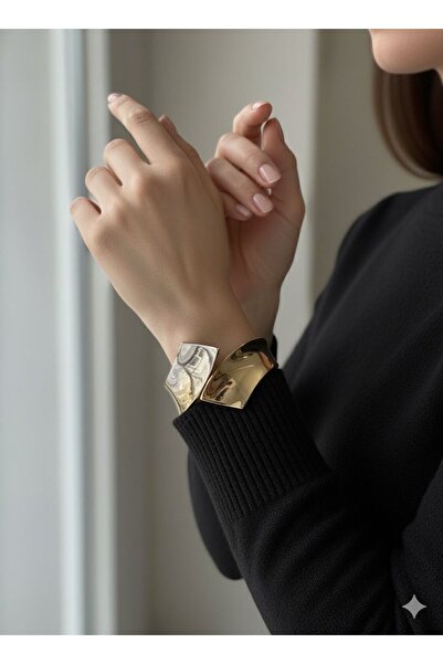 bettin tasarım 14K Altın Kaplama Kalın Çift Renk Model Kadın Kelepçe Bilezik Altın Renk Paslanmaz Takı