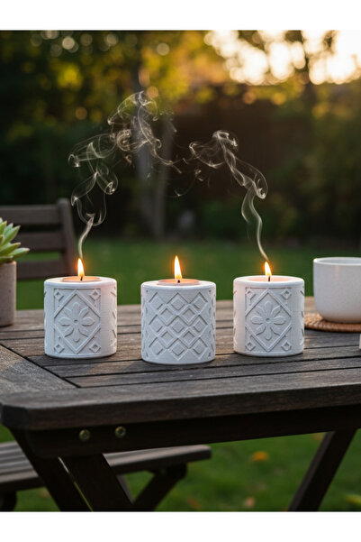 MD Stone&Light Flora Motif 3lü Tealight Mumluk Seti - Modern Motifli Dekorati...