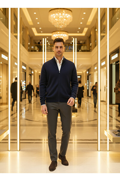 Moda Nest Erkek Yarım Balıkçı Yaka Fermuarlı Triko Hırka - Lacivert