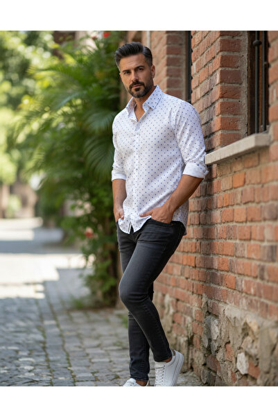 YusGos Long Sleeve Cotton Easy Iron Letter Dot Pattern Regular Fit Premium Men's Shirt