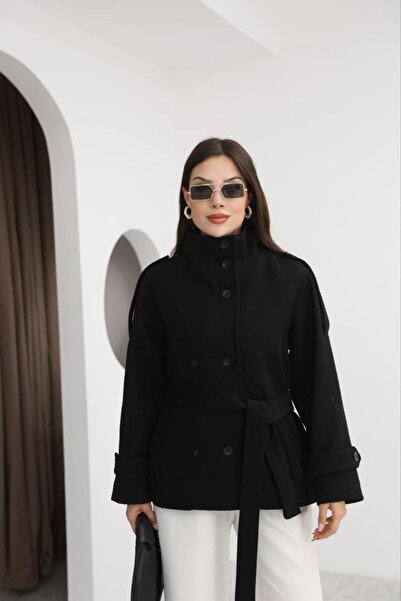 SLAY BUTİK Dik Yaka Dönüştürülebilir Yakalı Kuşaklı Kısa Kaşe Kaban
