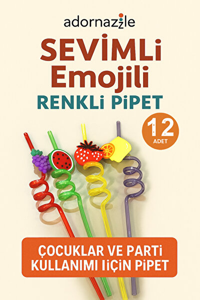 adornazzle 12 Adet Parti ve Doğum Günü İçin Renkli Pipet, Sevimli Emojili Pip...