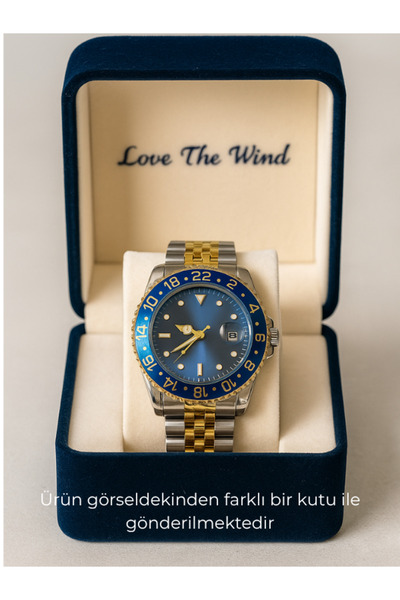 Love The Wind Sports Men's Wristwatch with Calendar - Silver Gold Band & Blue Dial