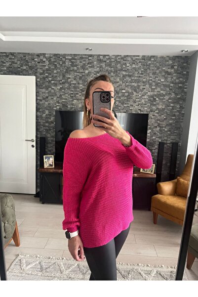 WellWay Boat Neck Glitter Fabric Thin Knit Sweater-Fuchsia