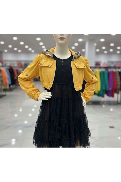 Asyagiyimavm Sarı Kot Ceketli Siyah Tüllü Kız Çocuk Elbise Takımı